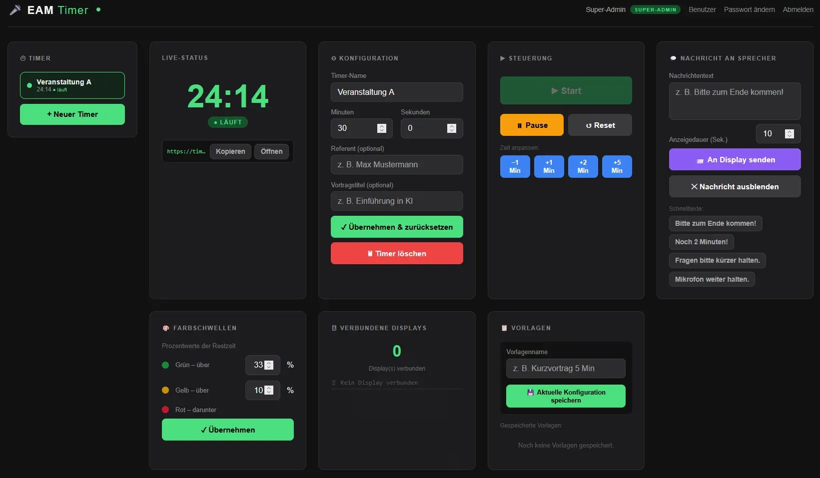 Die Steuerung im Browser: Kacheln für Live-Status, Konfiguration, Start und Pause, Zeitkorrektur in Minutenschritten, Nachricht an den Sprecher, Farbschwellen, verbundene Displays und Vorlagen.